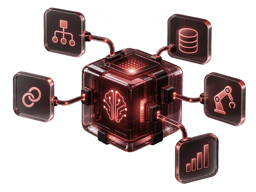 Futuristic AI automation cube connected to workflow, database, and analytics icons representing business process automation