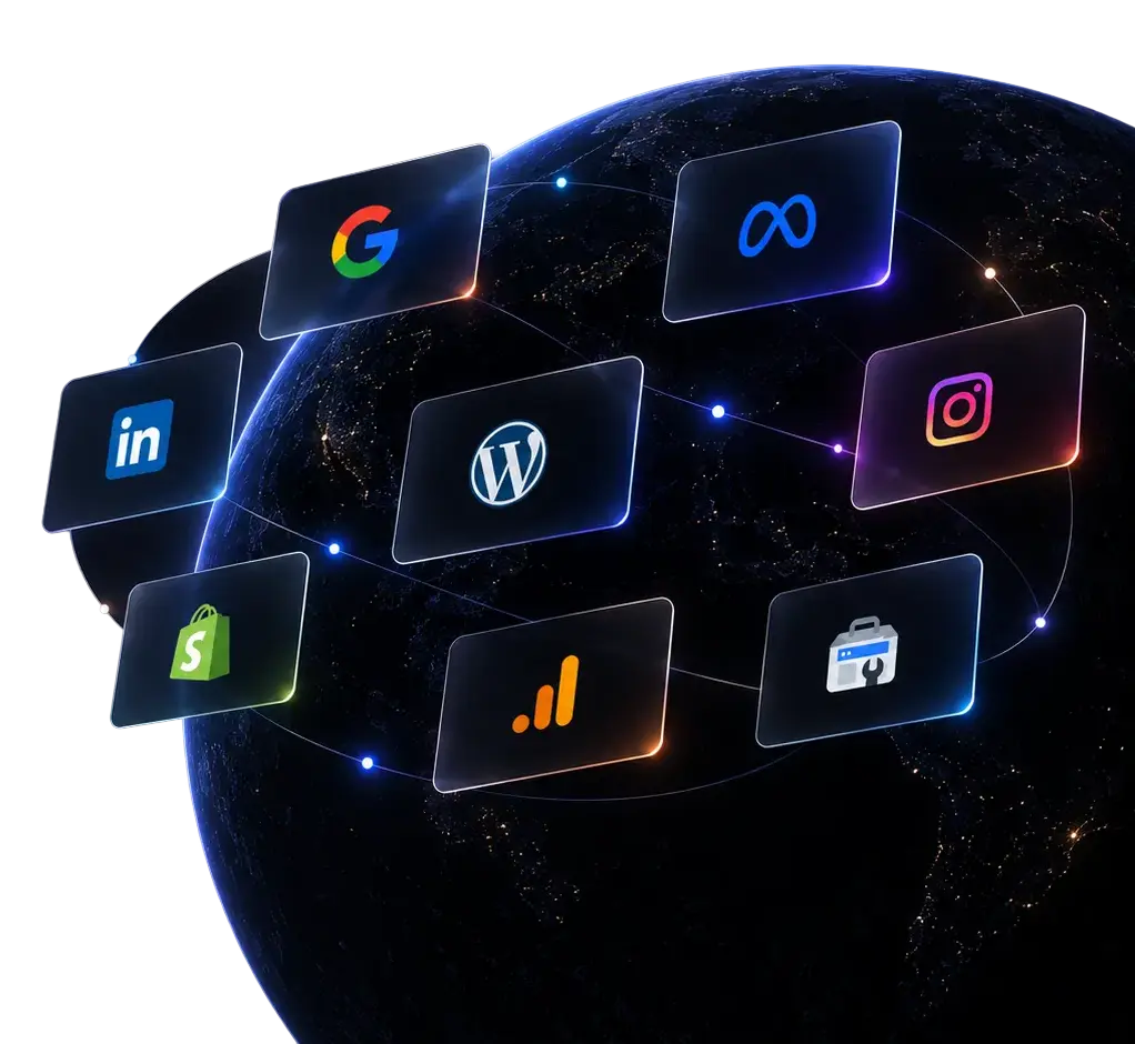 Connected digital platform icons representing website development, social media marketing, and business integrations