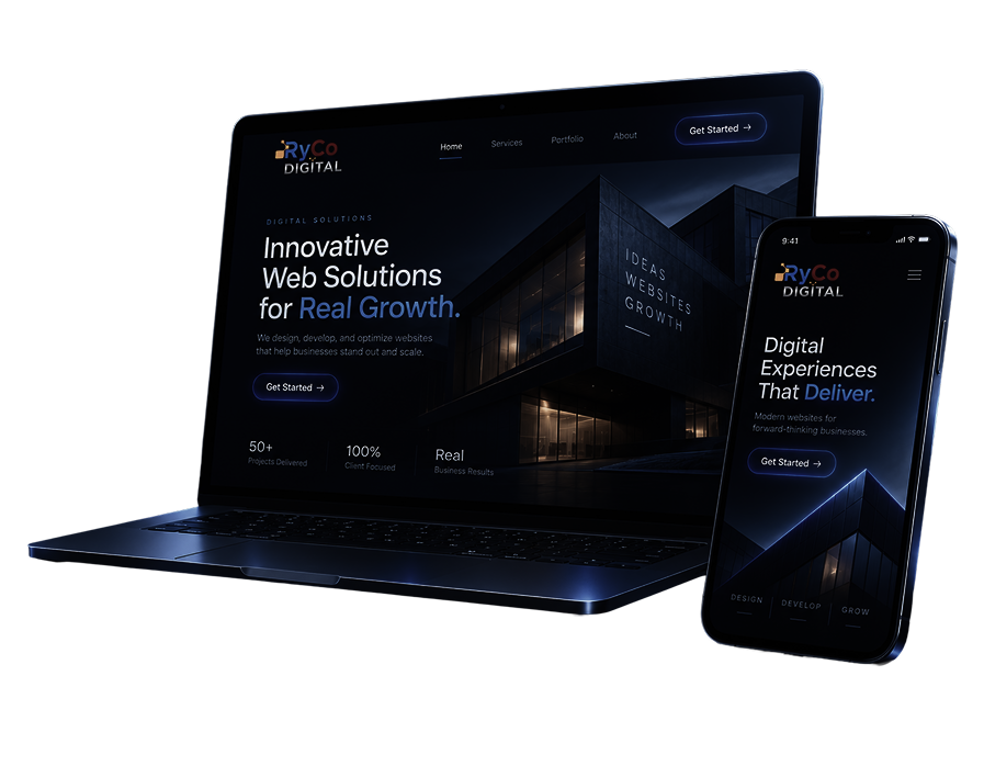 Responsive website designs displayed on laptop and smartphone screens showcasing custom web development services